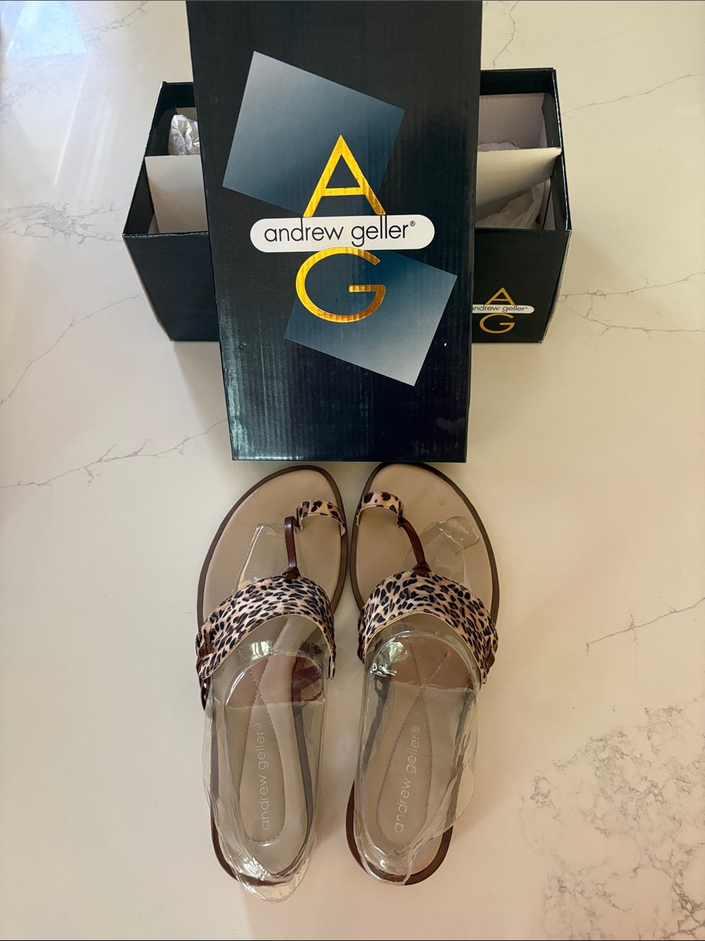 Andrew Geller Leopard Print T-Strap Sandals - Brown/Tan